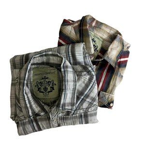 LOT 2 Mens Casual Western Pearl Snap Button Shirt 2XL Plaid Long Sleeve XXL